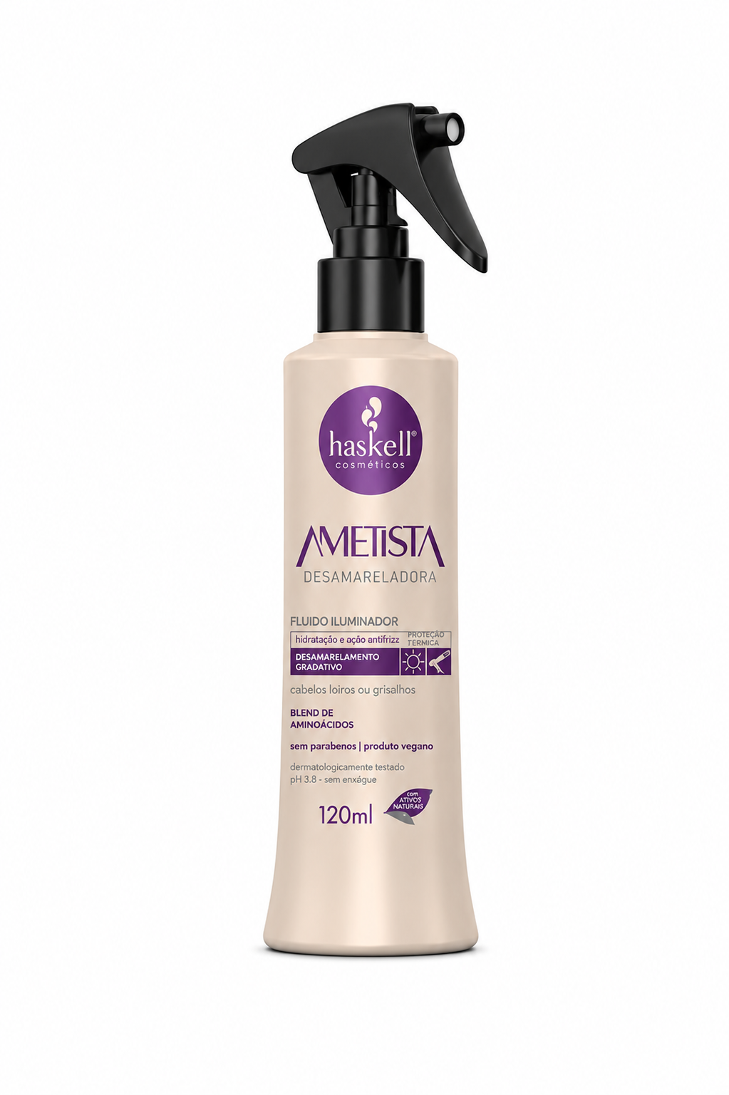 Fluido Haskell Ametista Desamarelador 120ml com proteção térmica para cabelos loiros, grisalhos e descoloridos