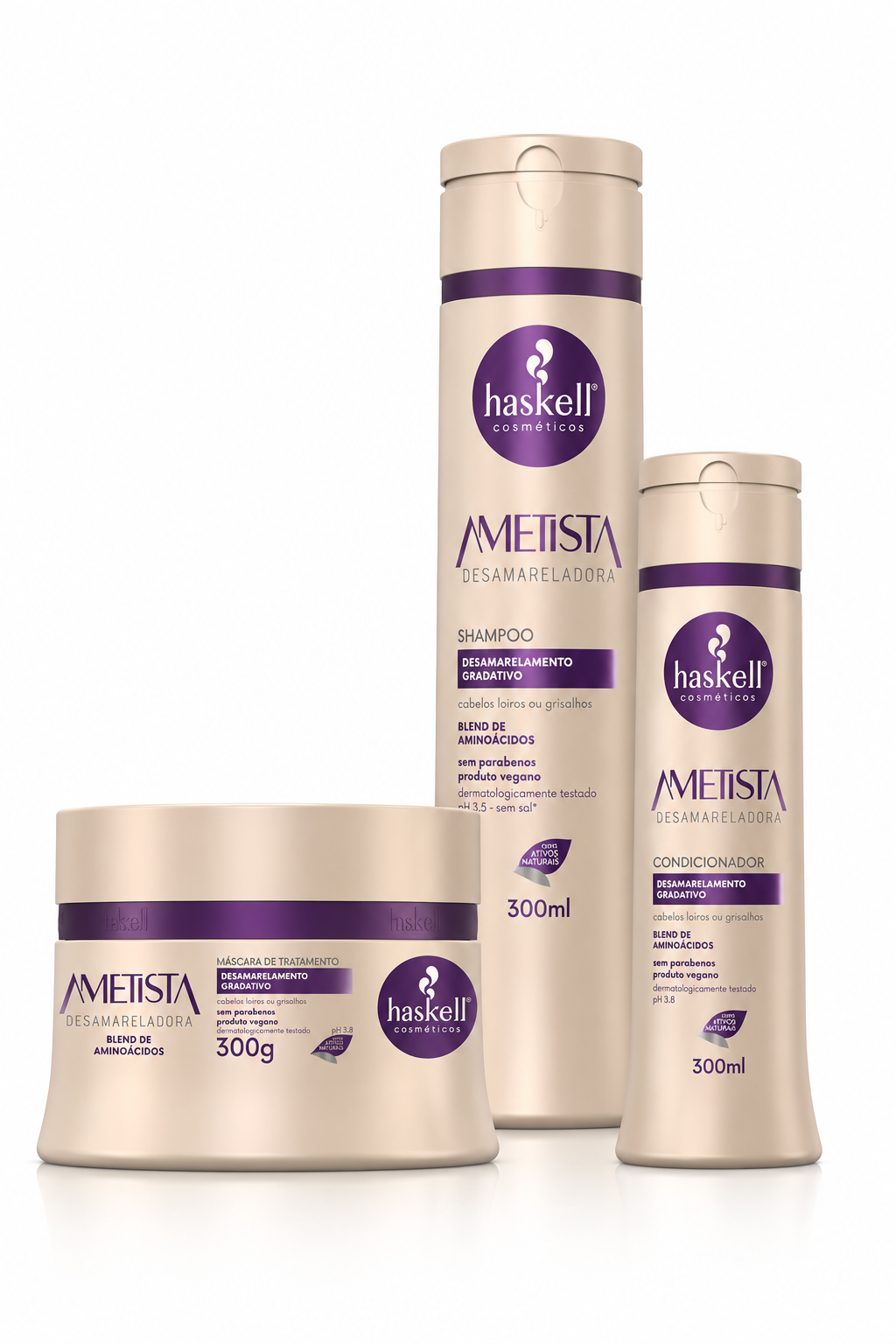 Kit Haskell Ametista Desamareladora com Shampoo 300ml, Condicionador 300ml e Máscara 300g para cabelos loiros, descoloridos e grisalhos